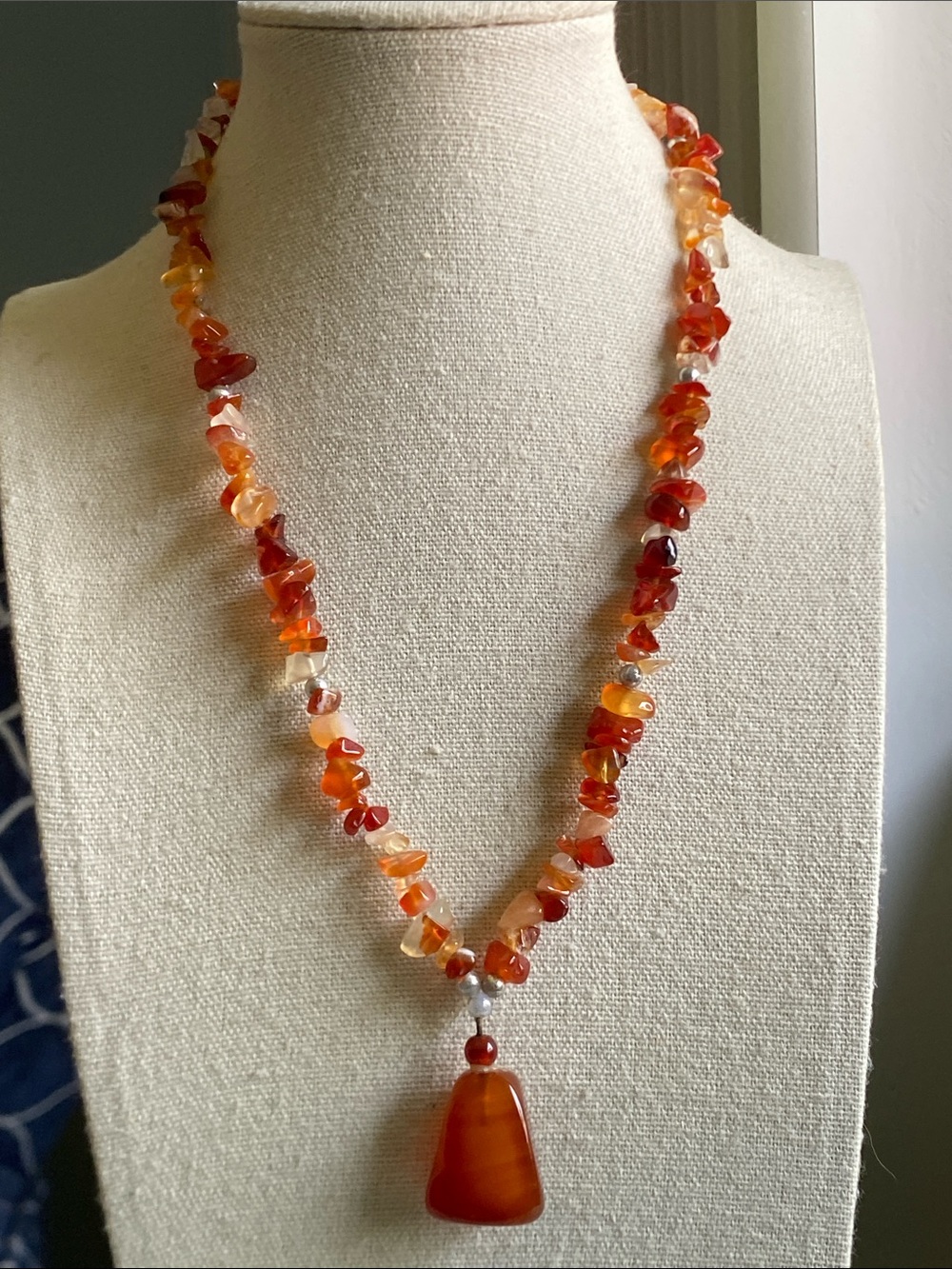 Vintage Carnelian Agate Chip Necklace Pendant 18” Boho Gemstone
